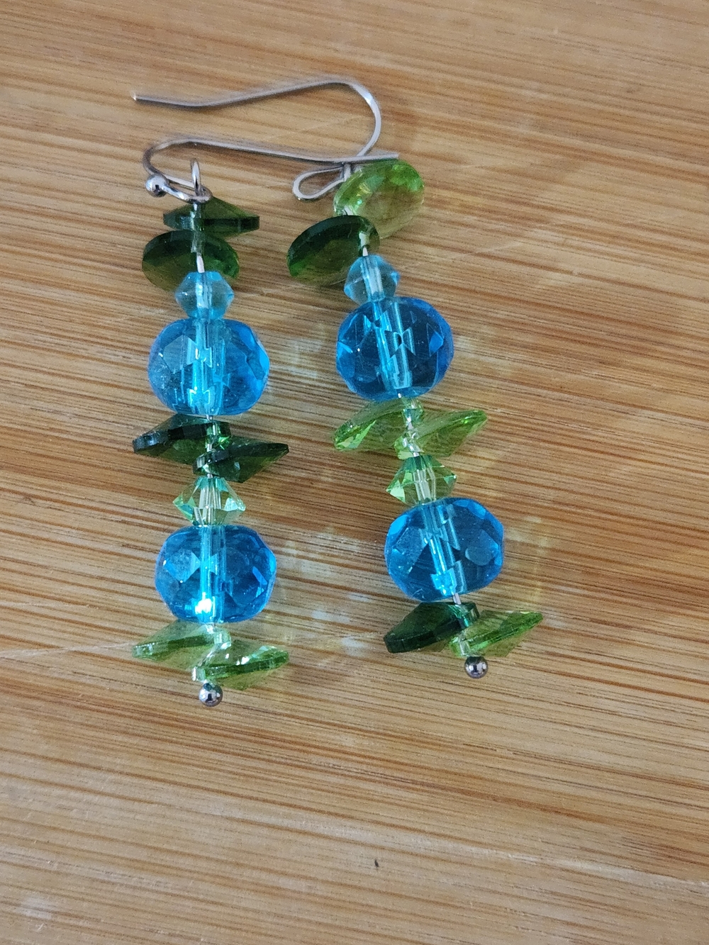 Hand Crafted Blue and Green Beaded Dangle Earrings